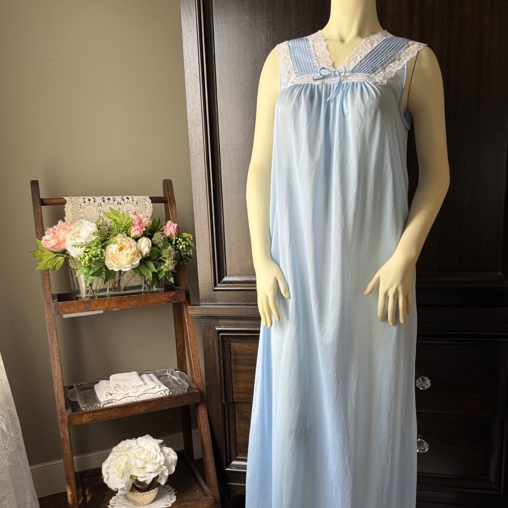Sears Vintage Nightgown Blue Satin Lace Sleeveless Empire Bow Long S/M Coquette